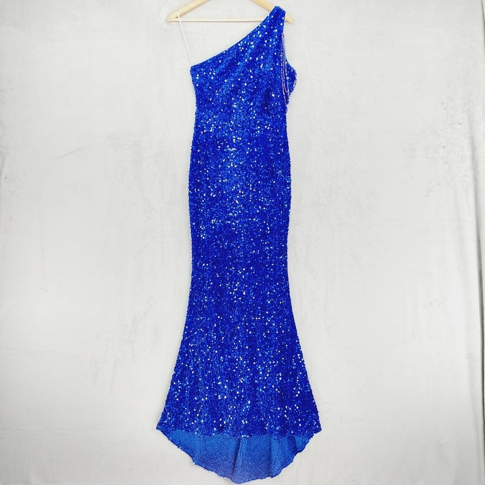 One-Shoulder Sequin Evening Gown - Royal Blue